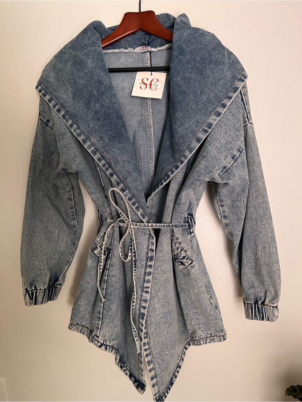 Y2K Style Shawl Collar Hooded Denim Wrap Jacket